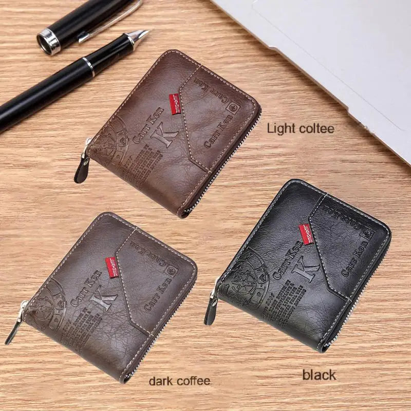 Men’s PU Waxed Oil Leather Wallet – Short Bifold Coin Purse with All-Around Zipper for Cash & Cards