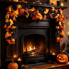 Halloween Garland Decorations Black Fall Leaves Vine with 3D Pumpkin Thanksgiving Harvest Festival Home Fireplace Mantle Decor