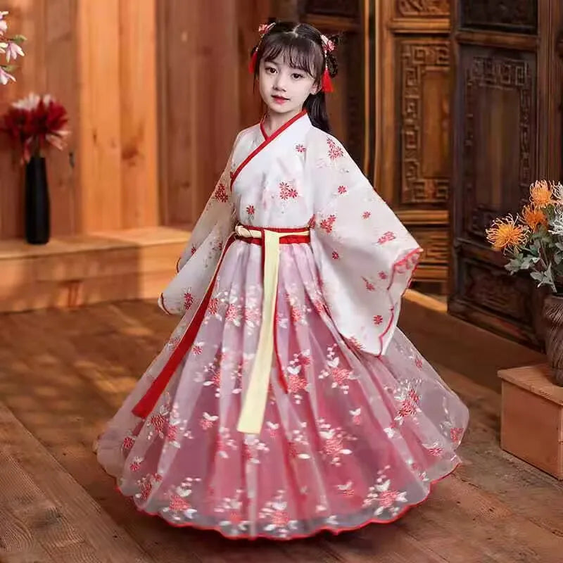 New Hanfu Girls Spring Autumn Child Costume Dress Flower Girl Cherry Blossom Tang Princess Dress Traditional Chinese Style Kids