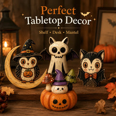 Halloween Wooden Tabletop Decor, Hand-Painted Owl Ghost Pumpkin & Vampire Cat Figurines for Shelf Mantel Party Decoration