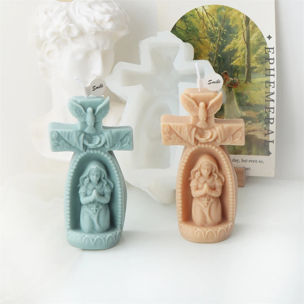 3D Cherub Silicone Mold DIY Handmade Praying Boy Girl Candle Mold Prayer Virgin Sculpture Soy Wax Candle Mold Cross Church Decor