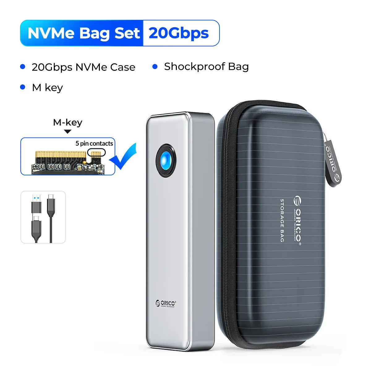 ORICO 20Gbps NVME Enclosure Case 8TB with Cooling Fan USB 3.2 Gen 2 x 2 PCIE NVME Adapter Tool Free RGB for PCIe M Key