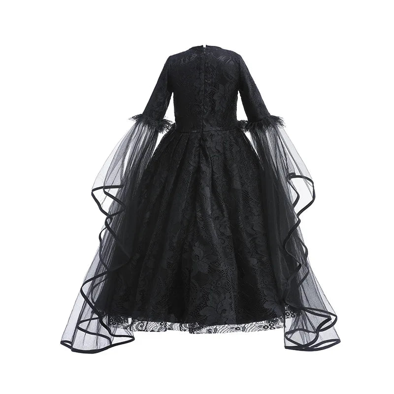 Maleficent Dress For Girls Luxury Lace Black Witch Frocks Kid Halloween Carnival Cosplay Costume Dark Theme Role Playing Outfits