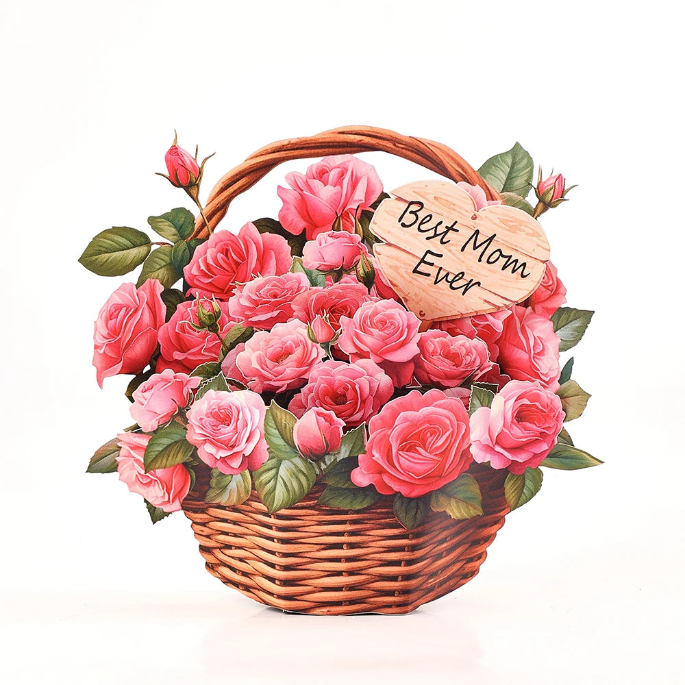 Mothers Day Pink Rose Flower Basket 3D Pop-up With Envelope