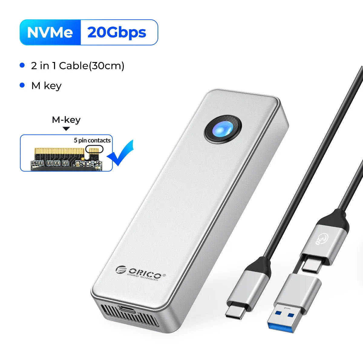 ORICO 20Gbps NVME Enclosure Case 8TB with Cooling Fan USB 3.2 Gen 2 x 2 PCIE NVME Adapter Tool Free RGB for PCIe M Key