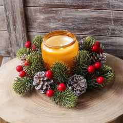 Christmas Candle Ring Wreath Red Berries Frosted Pinecones Mini Artificial Pine Table Centerpiece for Holiday Home Dining Decor