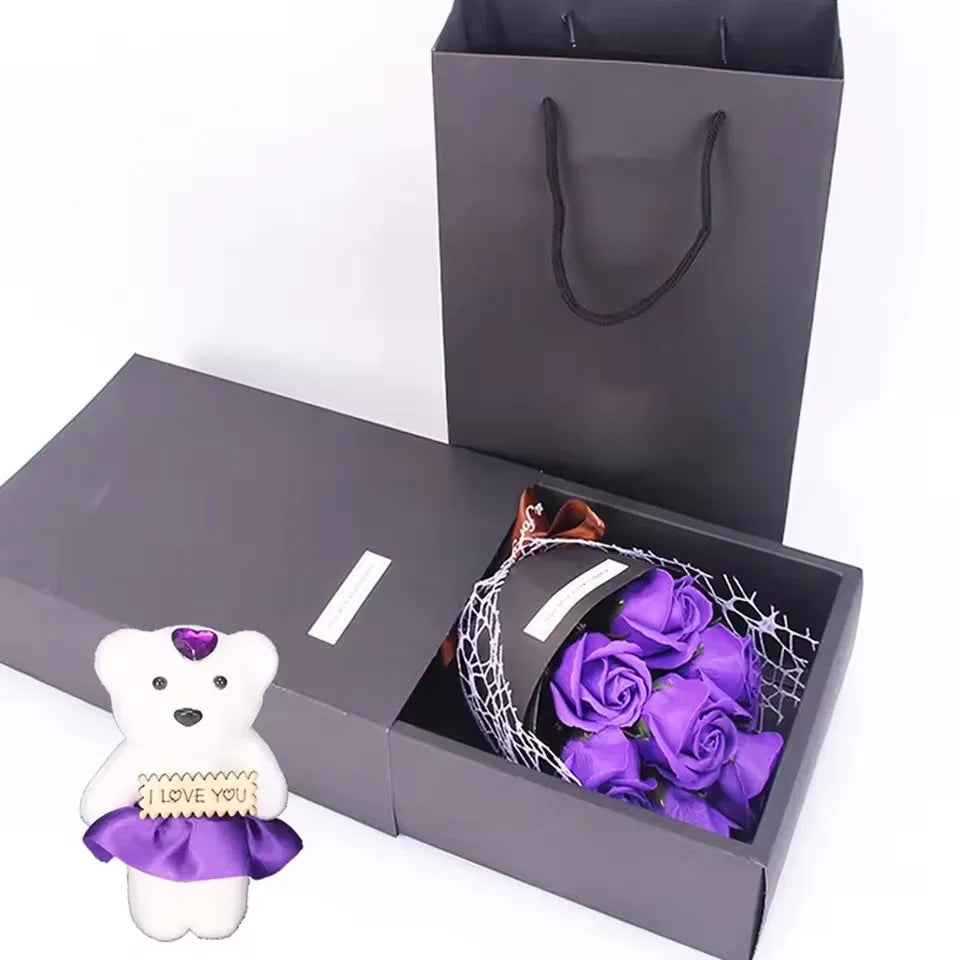 1PC Handmade 7 Rose Soap Bouquet Little Bear Gift Box Creative Valentine's Day Mother's Day Birthday Party Rose Flower Gifts