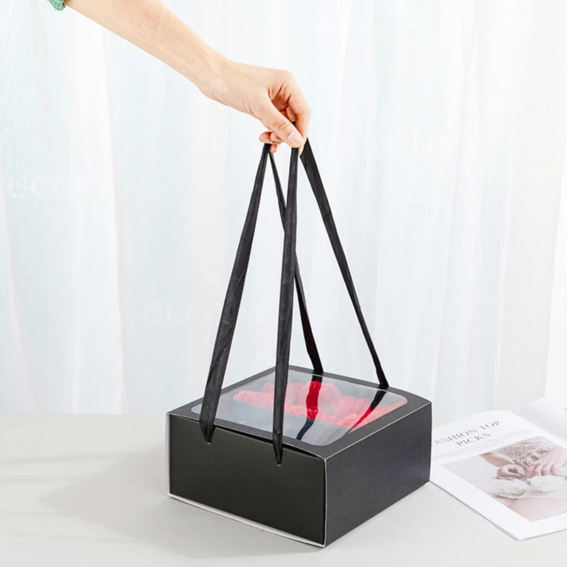 Flower Gift Box with Handle Transparent PVC Window Square Portable Rose Candy Dessert Packaging Box Wedding Party Present Decor