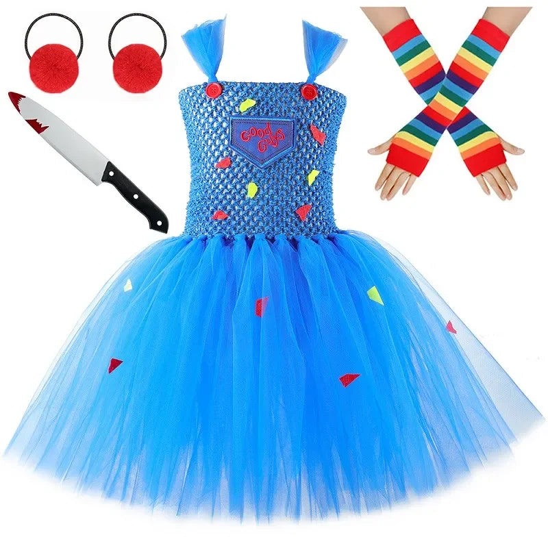 Halloween Chucky Costume for Kids Child Play Horror Killer Ghost Doll Tutu Dress Set Toddler Girls Carnival Party Fancy Dresses