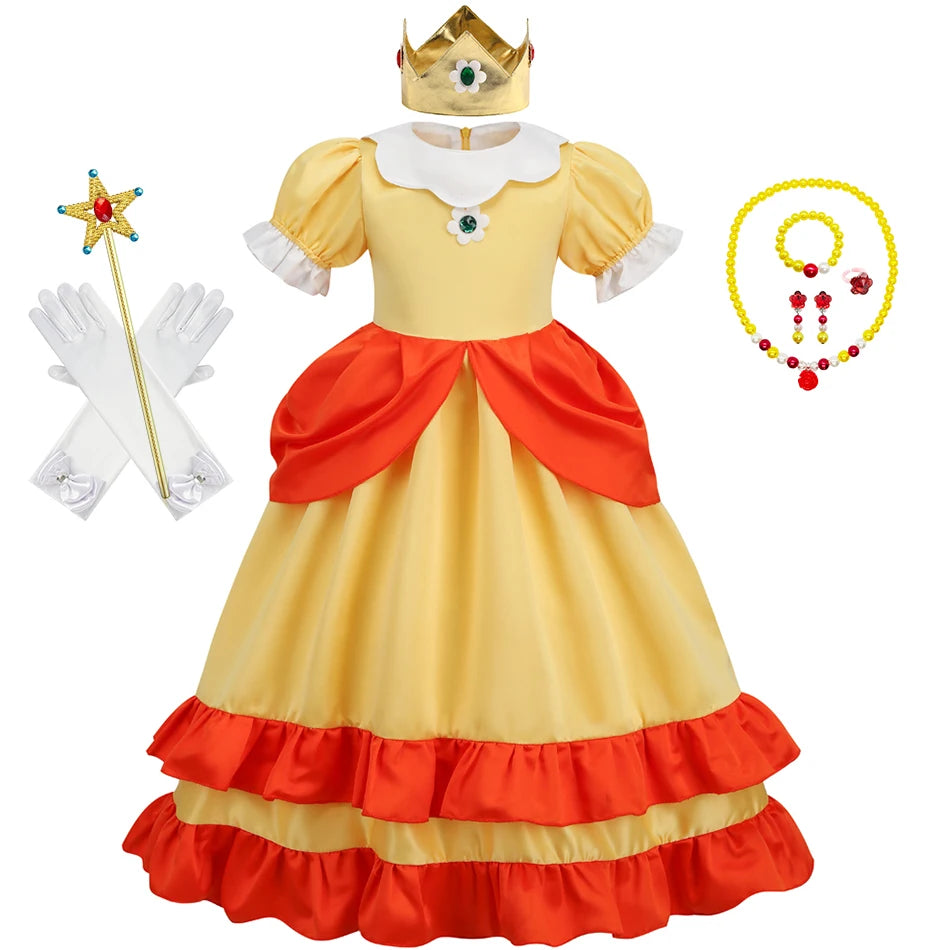 Daisy Princess Dress Girl Cartoon Movie Cosplay Costume Summer Kids Orange Party Outfits 2-10 Years Halloween Fancy Clothes