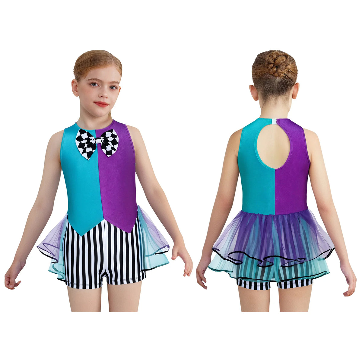 Kids Girls Halloween Mad Hatter Costume Fairytale Tea Party Bodysuit Bow Tie Mesh Tutu Stripe Leotard Circus Cosplay Clothes