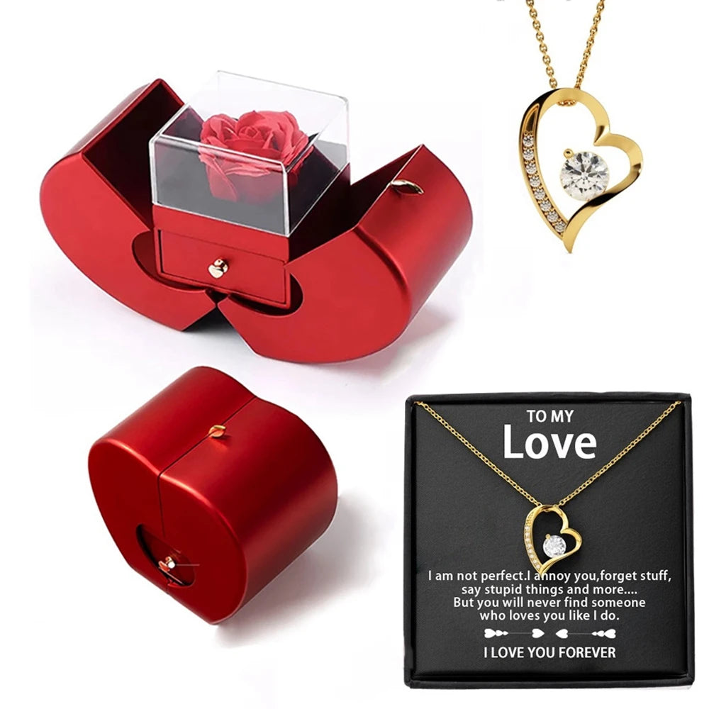 Anniversary Birthday Valentines Day Gifts Jewerlry Box Real Eternal Rose Flower With Necklace For Girlfriend Mom Wife Wedding