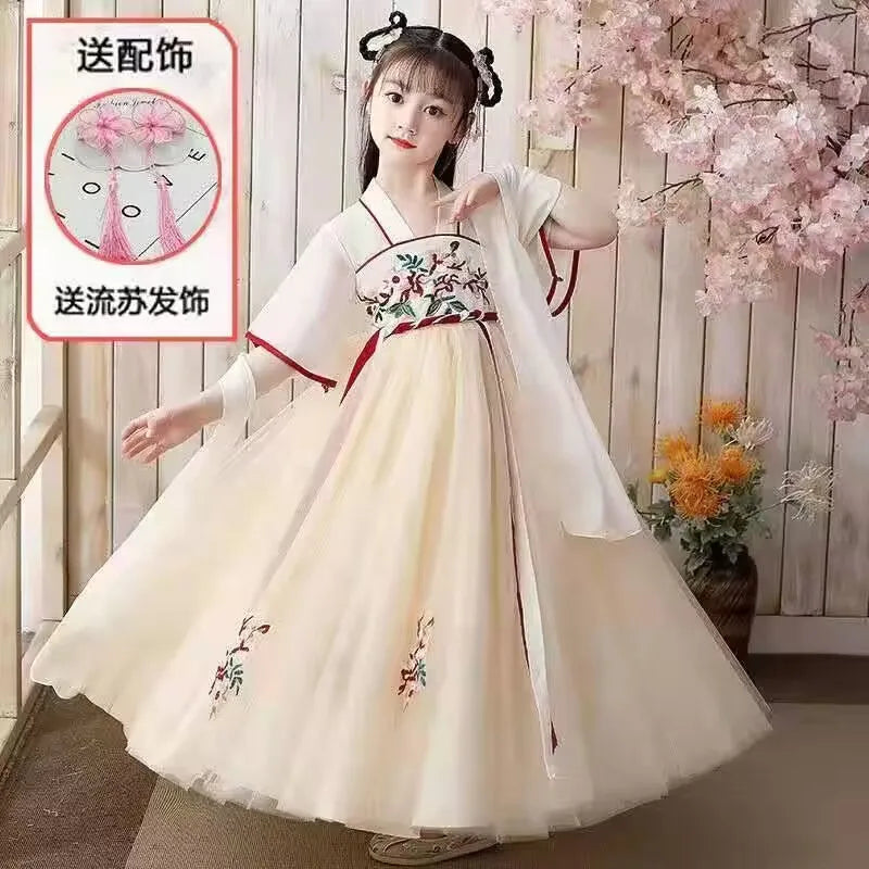 New Hanfu Girls Spring Autumn Child Costume Dress Flower Girl Cherry Blossom Tang Princess Dress Traditional Chinese Style Kids