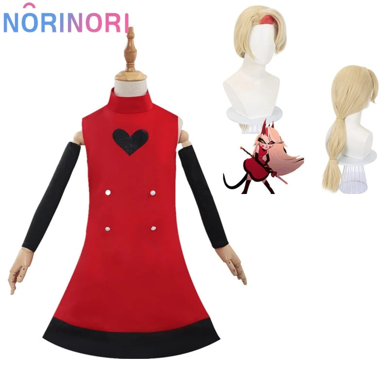 Anime Hazzbin for Game Fans Hotel Charlie Cosplay Halloween Costume Adult Kids Red Dress Wig Horn Tail Sexy Sleeveless Skirt