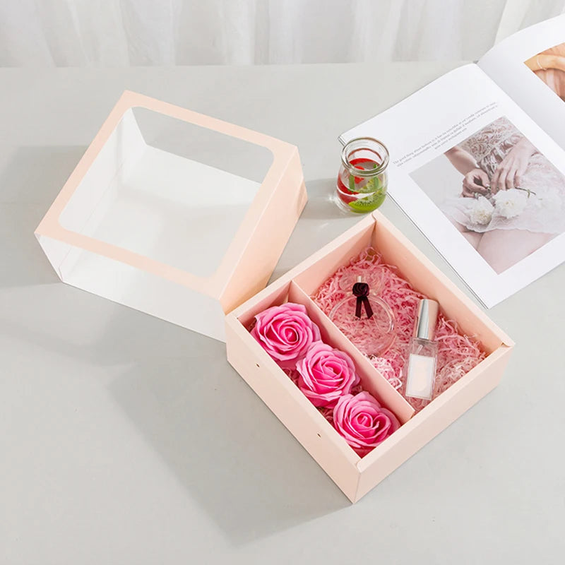 Flower Gift Box with Handle Transparent PVC Window Square Portable Rose Candy Dessert Packaging Box Wedding Party Present Decor