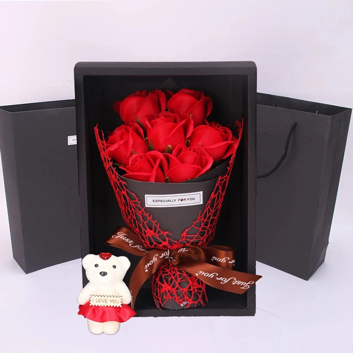 1Pc Handmade 7 Rose Soap Bouquet Little Bear Gift Box Creative Valentine's Day