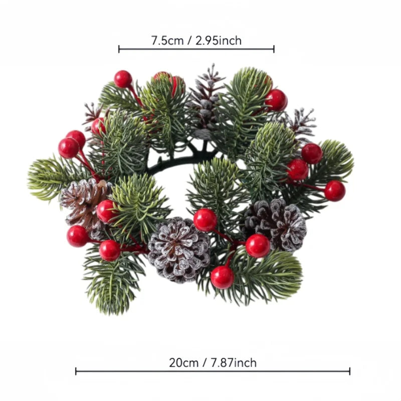 Christmas Candle Ring Wreath Red Berries Frosted Pinecones Mini Artificial Pine Table Centerpiece for Holiday Home Dining Decor