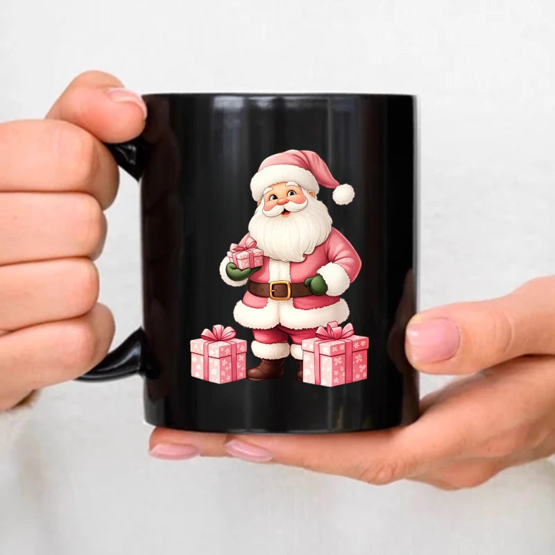Christmas mug, a black Santa Claus holiday design with gifts, perfect for Christmas morning coffee or tea