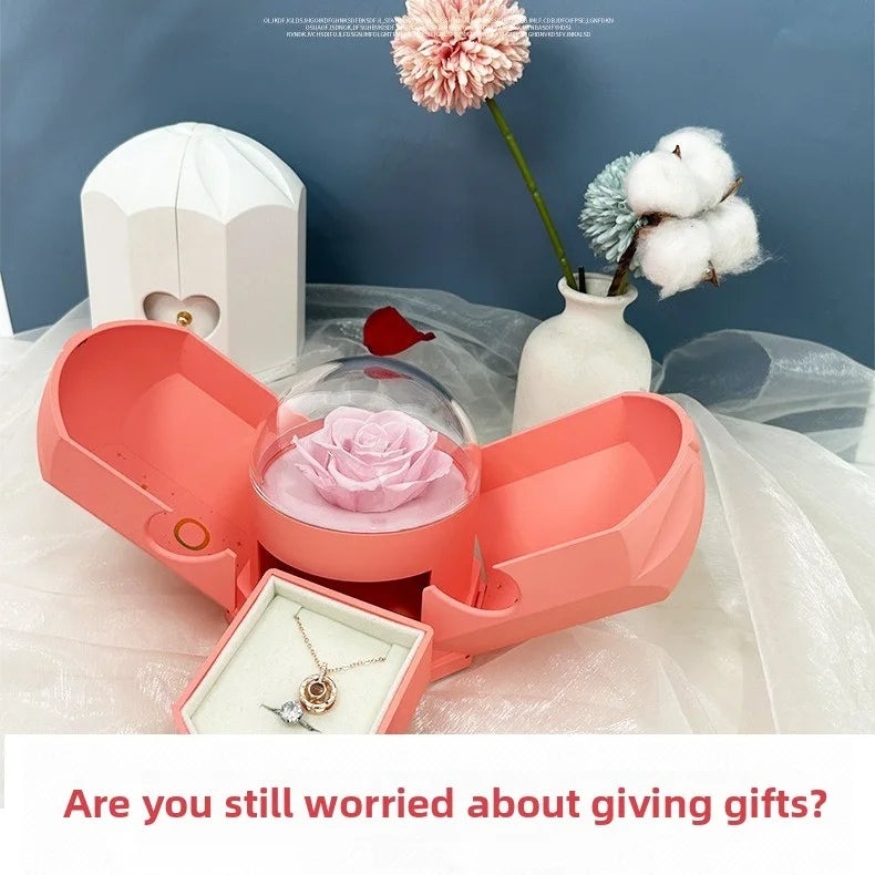 Surprise Flower Jewelry Box - Mysterious Unboxing with Rose Gold Dried Flowers & Hidden Love Drawer - Luxury Birthday Gift for H