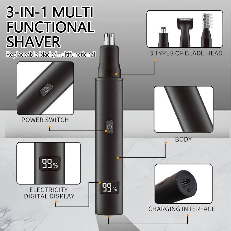 Electric 3 in 1 Nose Hair Trimmer Painless Eyebrow and Facial Hair Clipper LCD Display For Men Women USB Charging Cleaning Tool