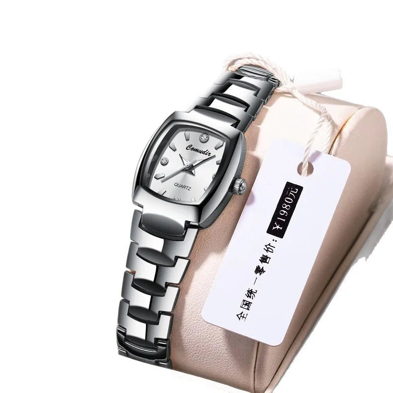 2025 Women's Tungsten Square Watch 30M Water-resistant, Slim Quartz with Diamond-Cut Bezel & Minimalist Dial for Global Export