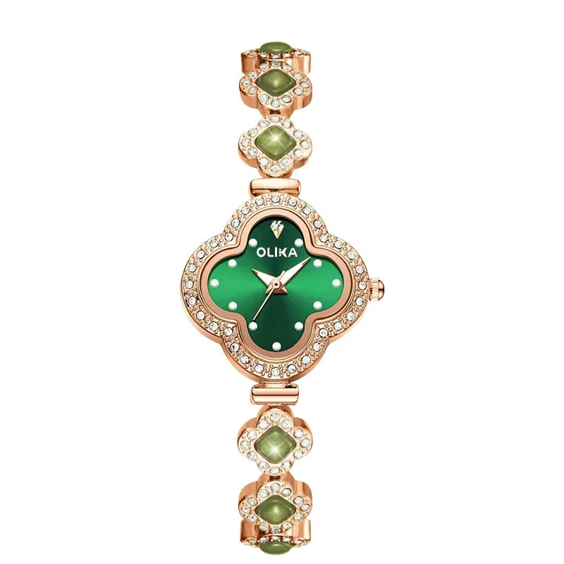 Fashionable ladies' watch, four-leaf clover malachite bracelet watch, water-resistant luminous quartz watch