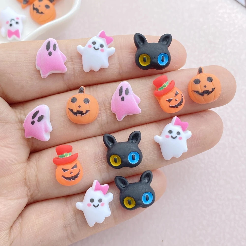 30Pcs New Resin Mini Cartoon Halloween cat head ghost Pumpkin Flat Back Manicure Parts Embellishments For Hair Bows Accessories