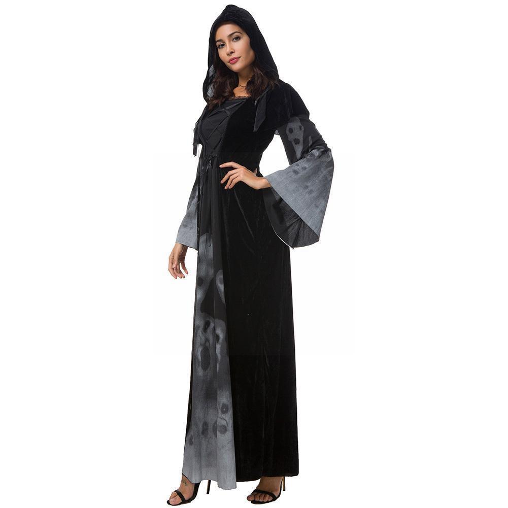 Halloween New Skull Print Witch Long Vampire Costume, Queen Dress Costume