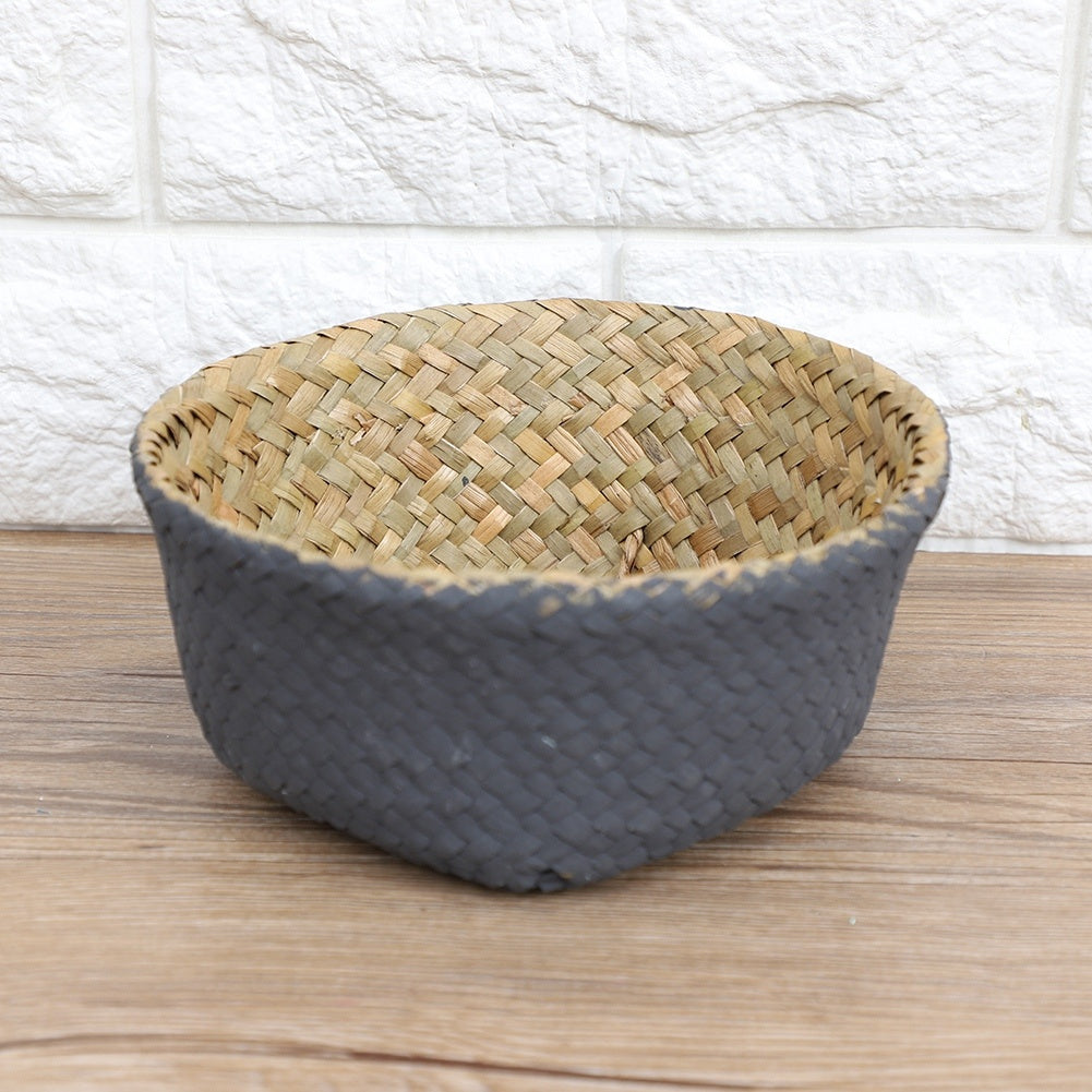 Foldable Natural Seagrass Woven Clothes Organizer Flower Plant Pot Basket(Black)