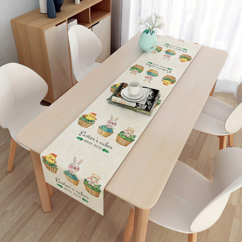 Easter Table Runner Party Decoration Dining Egg Rabbit Tablecloth Linen Double Layer Flag