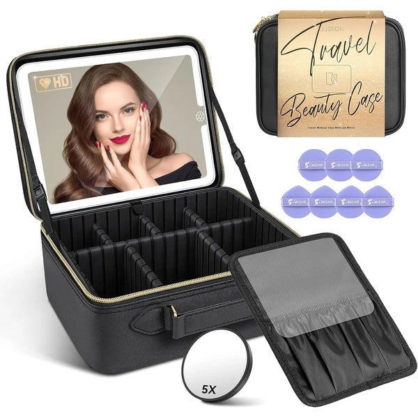 Travel Makeup Bag With LED Mirror,Train Case With Light Up Mirror, Portable Makeup Artist Organizer Bag With Adjustable Dividers, Makeup Brush Holder Storage
