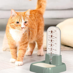 An orange and white cat looking at a green, white, and khaki pet drink fountain.